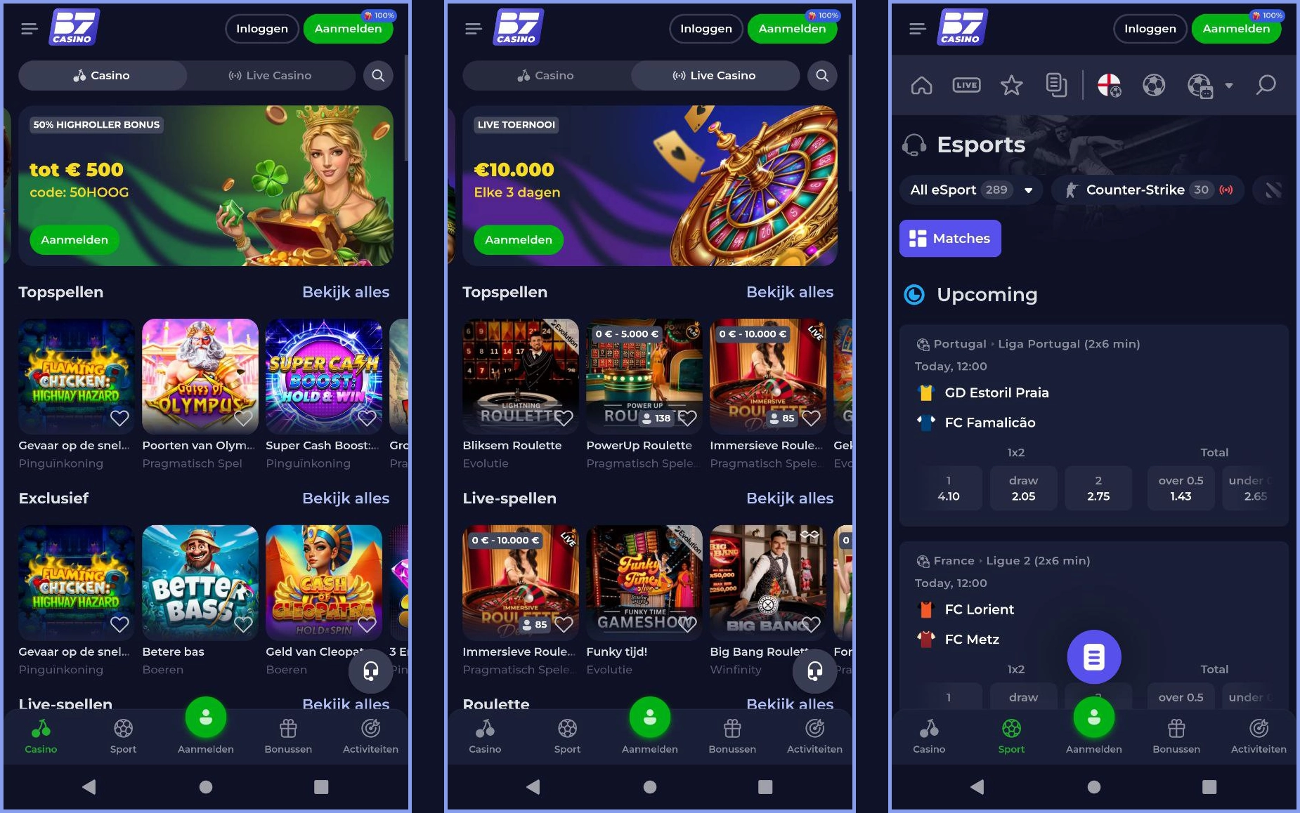 Geoptimaliseerde mobiele versie van de B7Casino-website